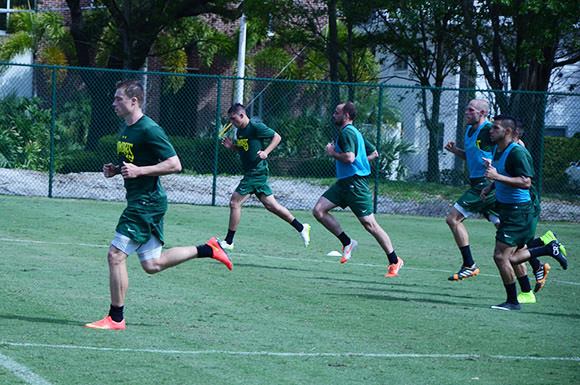 Rowdies forward Zak Boggs (far left) leads the pack during a team practice on Thursday.
