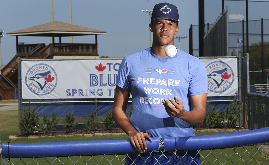 Angel Perdomo continues to rise the minor league ranks and hopes to get closer to the MLB by the end of 2017.  The Blue Jays prospect is seen at the Bobby Mattick Training Center. 