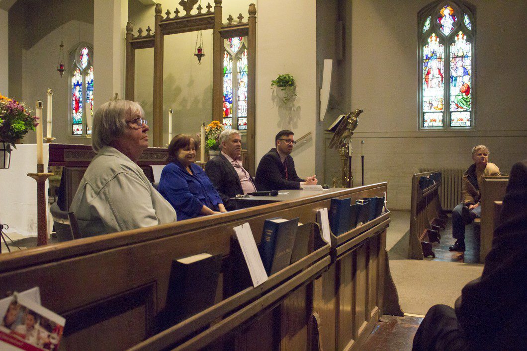 From left to right, at an Earth Day event by St. Cuthburt's Church, event organizer Lorna Krawchuk sits at a panel beside Toronto District School Board trustee Gerri Gershon, MPP for Beaches-East York Arthur Potts and spokesperson for the Anglican Church of Canada Ryan Weston. Panel members answered questions about environmentalism.