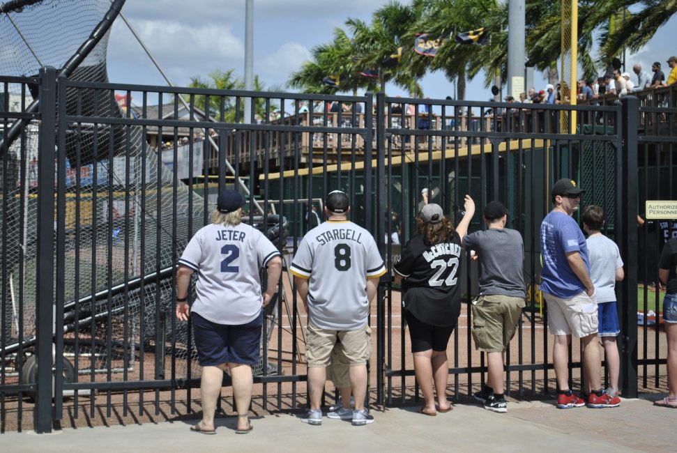 baseball fans at outfield fence