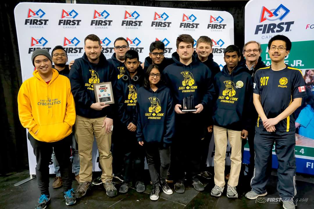 The East York Collegiate Institute robotics team gathered for a celebratory photo after winning the Quality Award at a FIRST Robotics competition at Ryerson University.