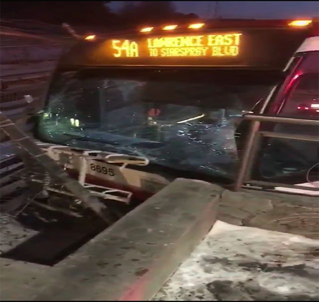 The 54 Lawrence East bus collided into a fence Monday, leaving 10 people injured.