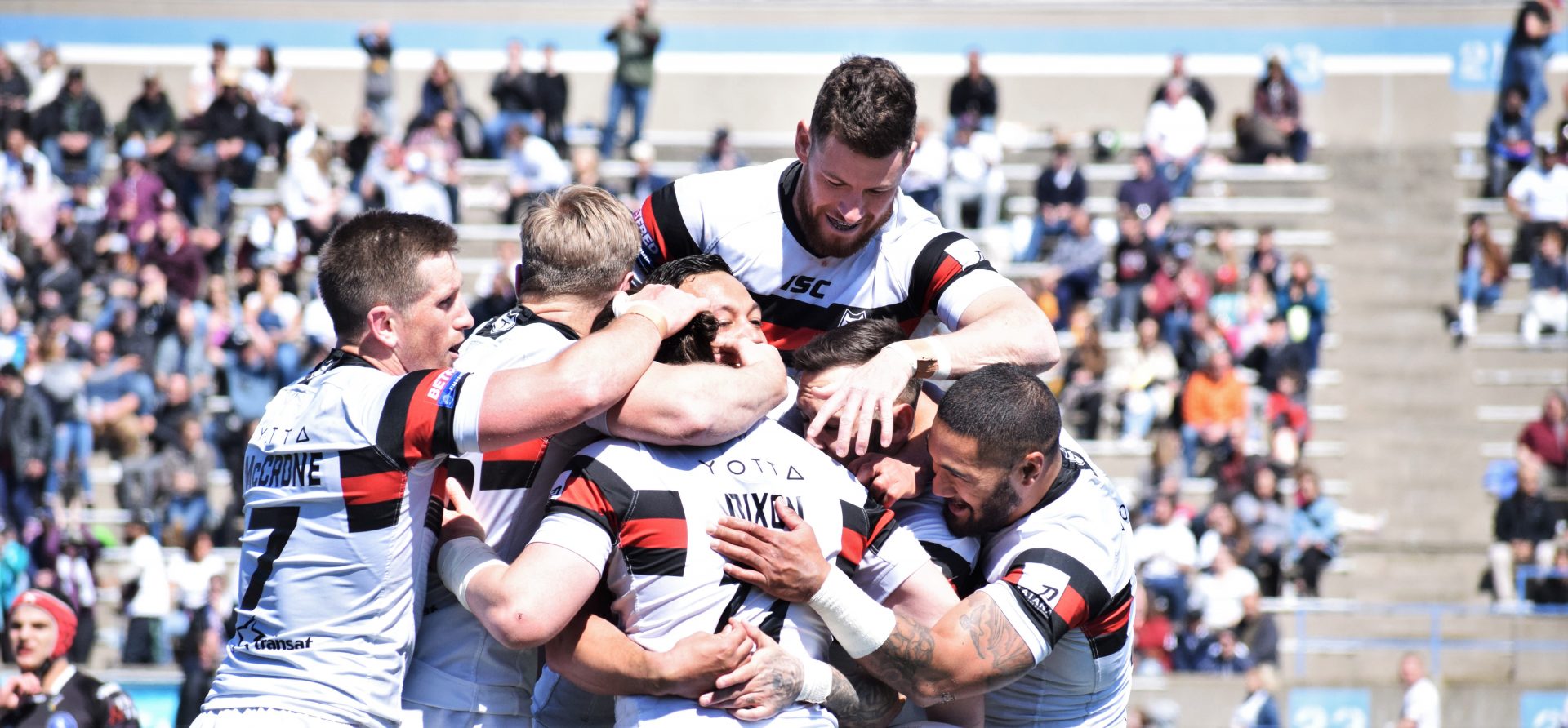 The Toronto Wolfpack celebrating one of their many tries in match against Swinton Lions.