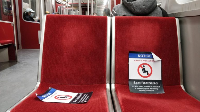 TTC restricted seating signs to promote physical distancing.