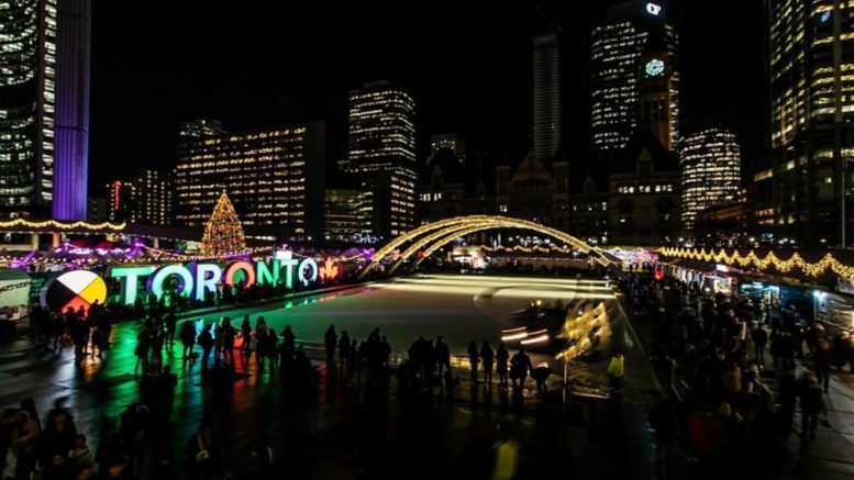 Evening crowd at Nathan Phillips Square