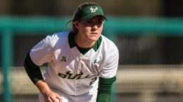 USF Infielder Brooke Hartman prepares to make a play on defence
