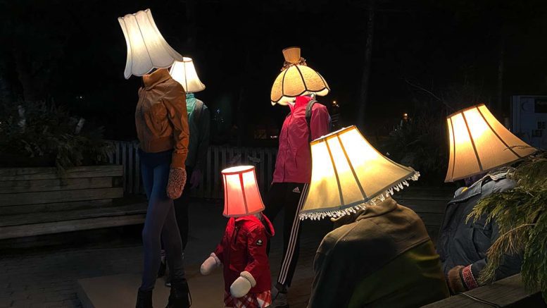 'Headlights' six manequins with lamp heads at Luminosity
