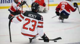 Canadian sledge hockey player Liam Hickey in the 2021 IPC World Para Hockey Championship semifinal against the RPC.
