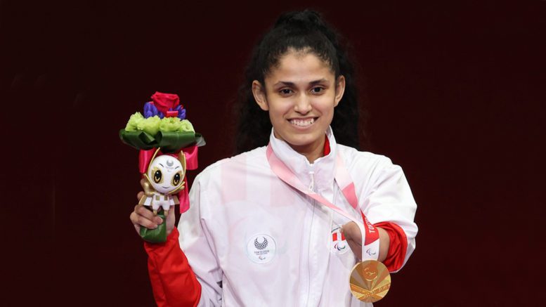 Angelica Espinoza, Peruvian Paralympian, receiving her gold medal at Tokyo 2020