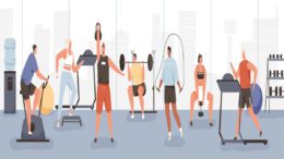 Cartoon of people exercising at the gym.