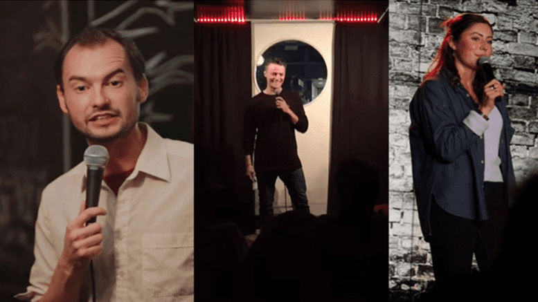 From right to left, Jordan Foisy, Andrew Packer and Hannah Lawrence preforming standup. (Pictures from, left to right, Comedy in the X shorts from 2016, Corner Comedy Club from 2017 and from Hannah Lawrence's website)