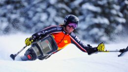 Para-Alpine athlete Brian Rowland makes his way down the hill in the 2022 Paralympic Games