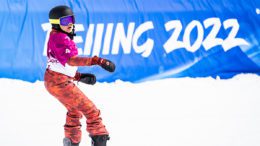 Sandrine Hamel snowboarding at the Beijing 2022 Paralympics