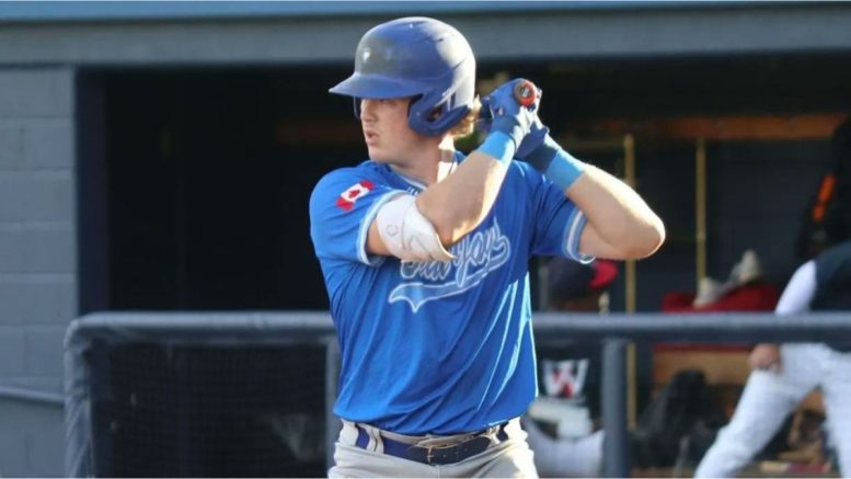 Sam White at the plate playing for the Ontario Blue Jays.
