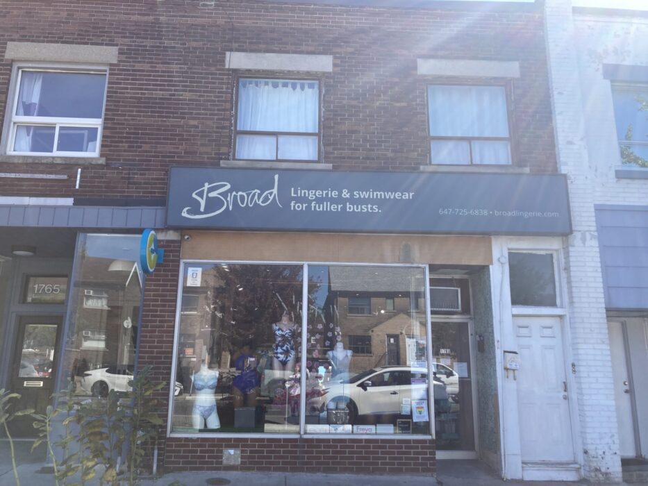 The storefront of Broad Lingerie, 1763 Danforth Avenue, on a sunny day before Nuit Blanche