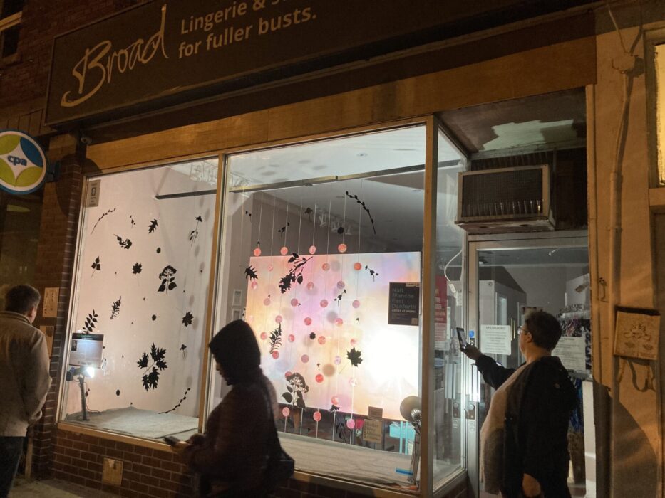 An installation in the storefront of Broad Lingerie on Danforth Avenue. A light pink canvas with yellow and blue accents sits behind hanging strings with pink circles attached