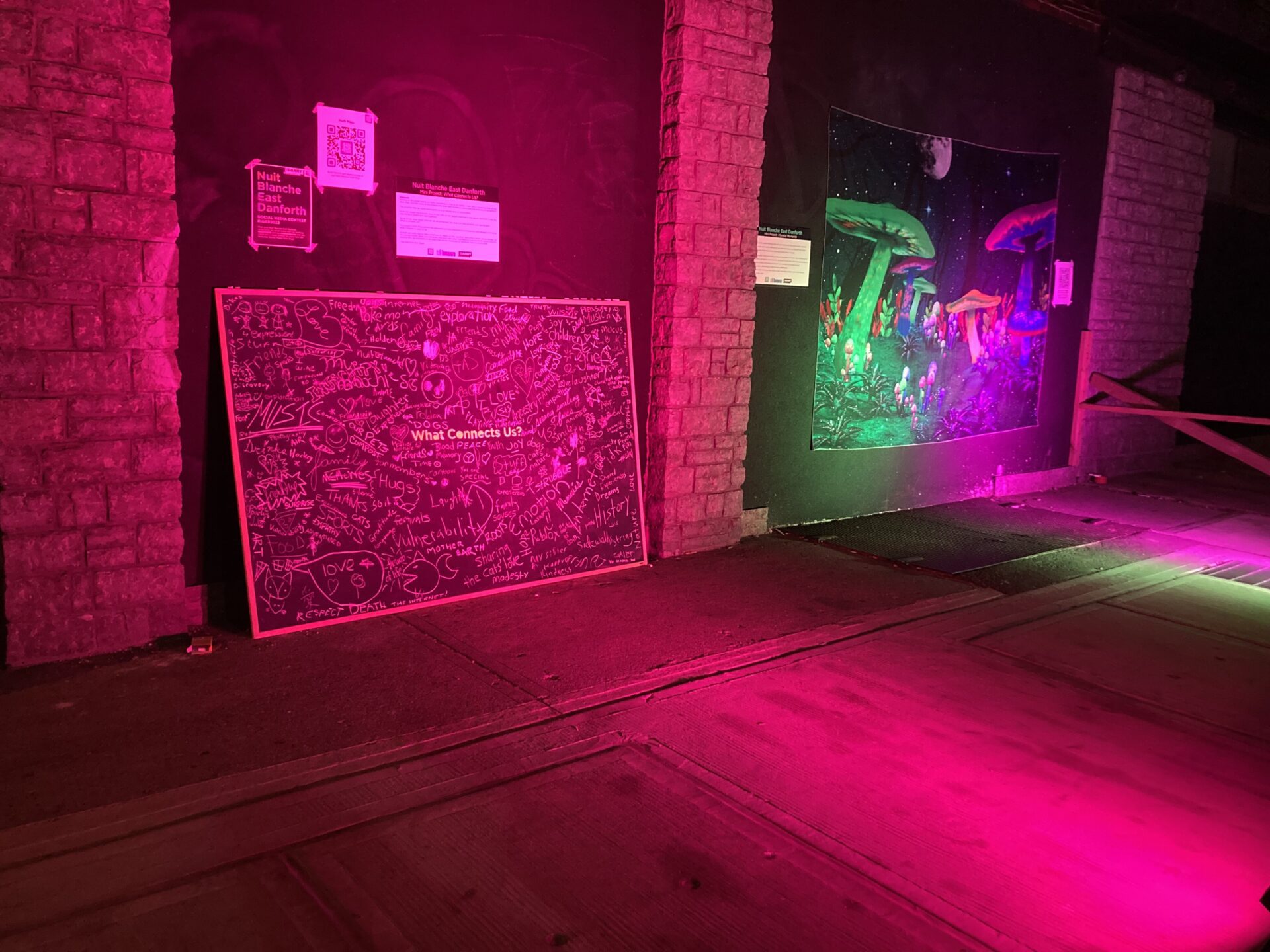 A chalkboard leaning against a wall, lit up in bright hot pink, covered in words and drawings around the theme of "What Connects Us." A display with two mushrooms lit up in green and pink are to the right of the chalkboard.