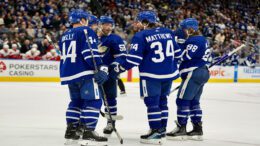 The Toronto Maple Leafs celebrate after an Auston Matthews goal
