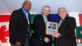 Bob Elliott, centre, receiving his Canadian Baseball Hall of Fame plaque in 2015 from 
Fergie Jenkins (left) and the Hall of Fame board chair at the time John Starzynski. (Photo courtesy Canadian Baseball Hall of Fame)