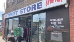 Storefront of Stretch Thrift Store on Pape Avenue