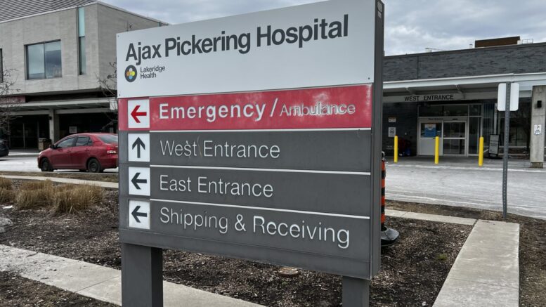 Outside view of Ajax Pickering Hospital in Durham Region. (Marva Trim /Toronto Observer)
