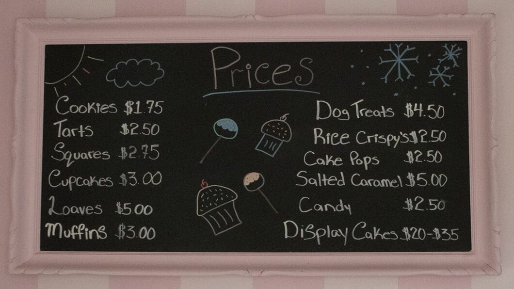 The price board at It's the Icing on the Cake, which shows new prices for for the bakery's baked goods