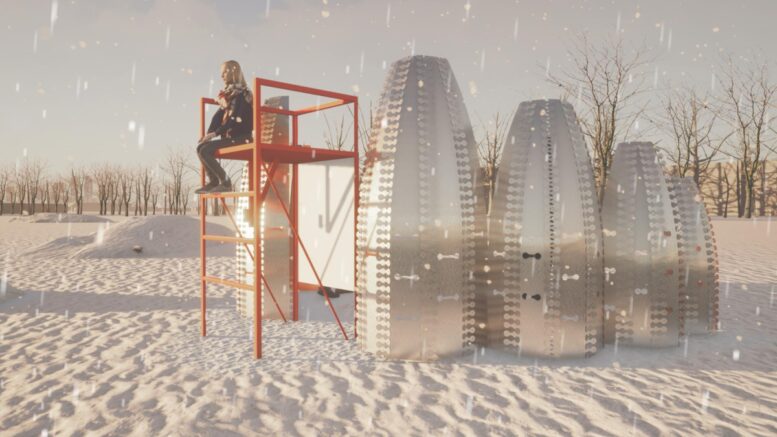 Person sitting at lifeguard station beside the art structure at Winter Stations.