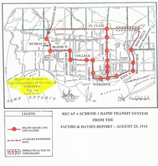 A 1910 map of the Jacobs & Davies Report on Transit to the Corporation of the City of Toronto (City of Toronto Archives)