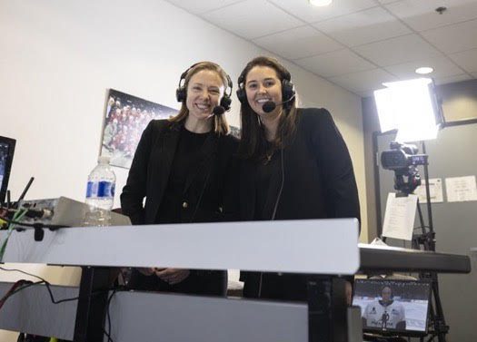 Knox and Isabelle Germain in the broadcast booth at a PWHPA game. Photo courtesy of Liz Knox