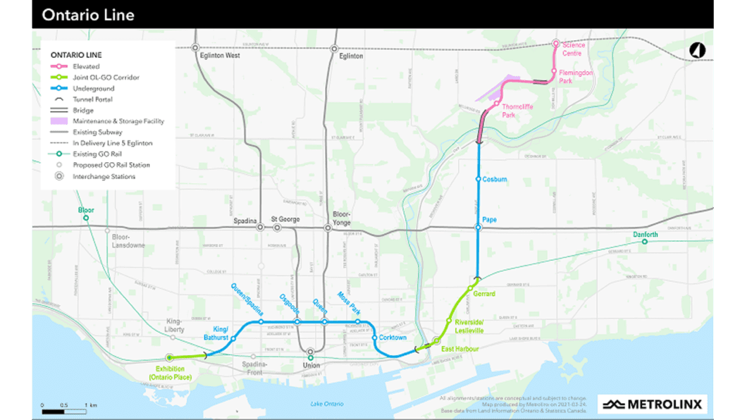 A map of the future Ontario Line (Metrolinx)