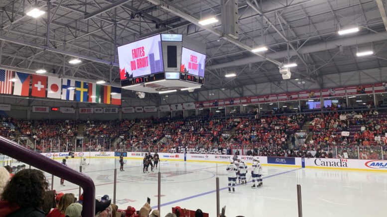 Team Canada and Team USA lineup for a faceoff at the 2023 IIHF Women's World Hockey Championship. Cole Hayes/Toronto Observer