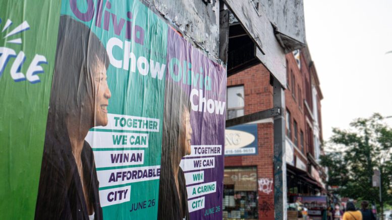 Campaign poster of leading mayoral candidate Olivia Chow posted along Spadina Avenue. (Aimi Mayne/Toronto Observer)