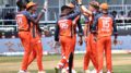 BRAMPTON, Ont - July 28 - Brampton Wolves celebrating after dismissing Vancouver Knights' batter Fakhar Zaman during match 12 of GT20 season 3. The Knights beat the Panthers by 9 wickets at the TD Cricket Arena. (Kashish Dhawan photo)