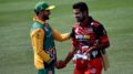 BRAMPTON, Ont - Aug. 5 - Vancouver Knights' Nawab Singh congratulating his fellow Canadian player Kaleem Sana of the Montreal Tigers after their win. The Tigers beat the Knights by one wicket during Qualifier 2 of GT20 Season 3 at the TD Cricket Arena. (Kashish Dhawan photo)