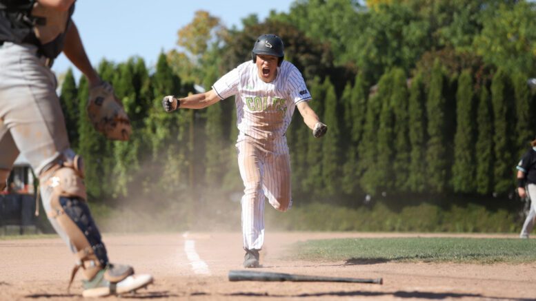 Colts outfielder Kevin Akiyama celebrates as he scores the game-winning run.