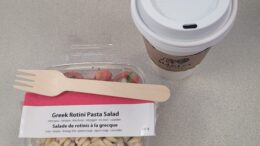 One lacto-vegetarian lunch option on campus is the Greek rotini pasta salad with a coffee.