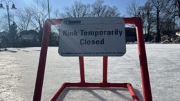 The sign board indicating the closure of the ice rink by the City of Toronto at Dieppe Park, East York.
