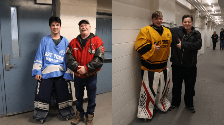 Phantoms goalie Zéas Loupie (right) and Marlies goalie Joshua Walton (left) with their head coaches outside the locker room after their wins