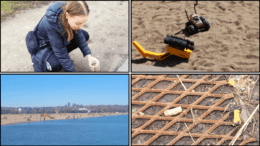 top left: Jessica Bernard picks up cigarette butts and puts them into a reused container at Riverdale Park East. Top right: A broken toy truck was left behind at Carlaw Avenue Parkette's playground. Bottom left: The Woodbine Beach shoreline with hundreds of people and families enjoying the brief warmup for the Warmest day in March. Bottom right: At Riverdale Park East, the stairs down from the road to the dog park field has a grate pattern that many people have used as on ash tray, leaving behind the butts.