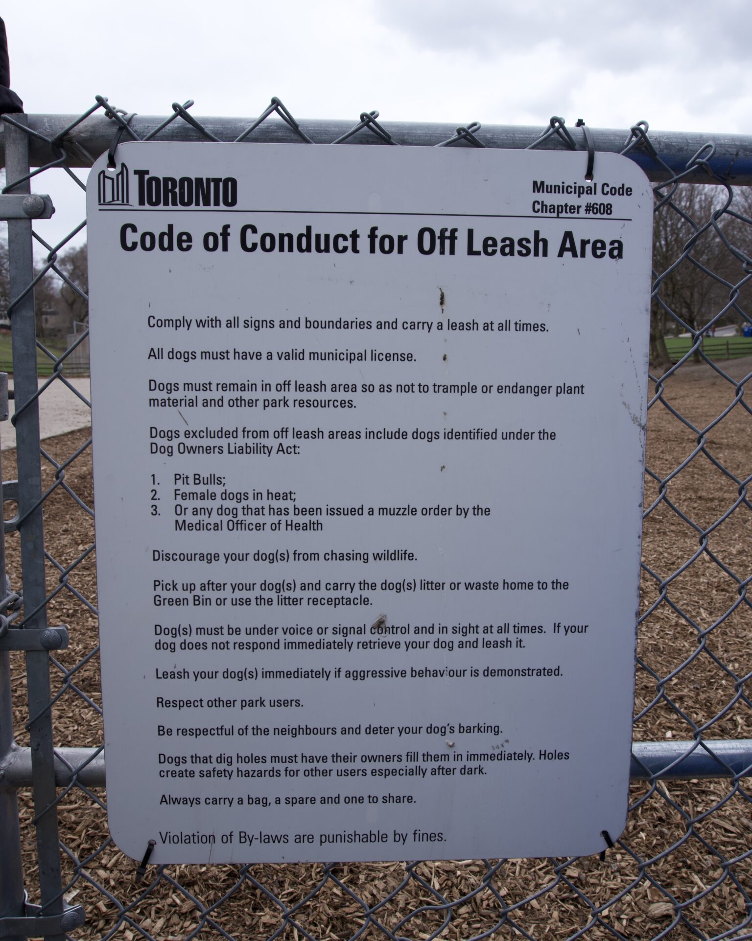 Off-leash dog area rules displayed at the entrance of the off-leash zone in Withrow Park. (Theresa Balocating/Toronto Observer)