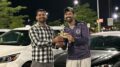 Fawad Sarwar, receiving the winner's trophy of the night cricket tournament from the chief guest. (Muhammad Adrees/Toronto Observer)