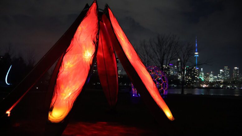 An art exhibit is lit up at night.