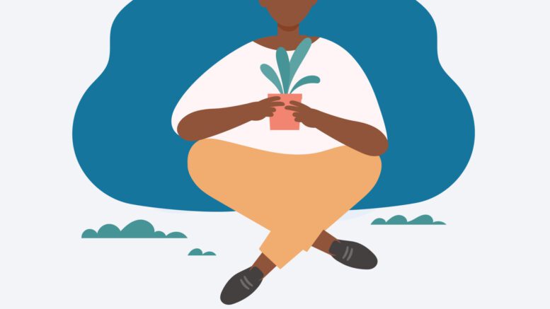 Illustration of a woman holding a plant